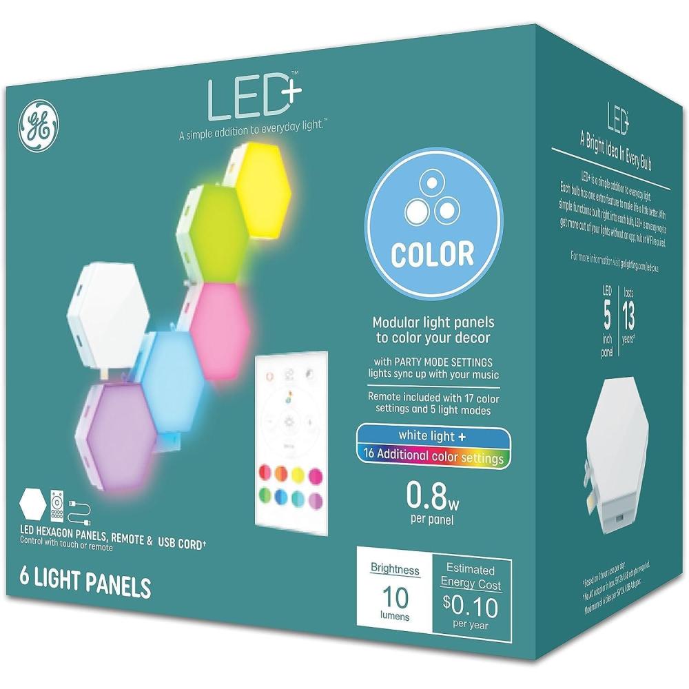 imageGE LED Color Changing LED Hexagon Tile Panels with Remote College Dorm Light Dorm Room Essentials Bedroom Light No App or WiFi Required 6 PackTiles