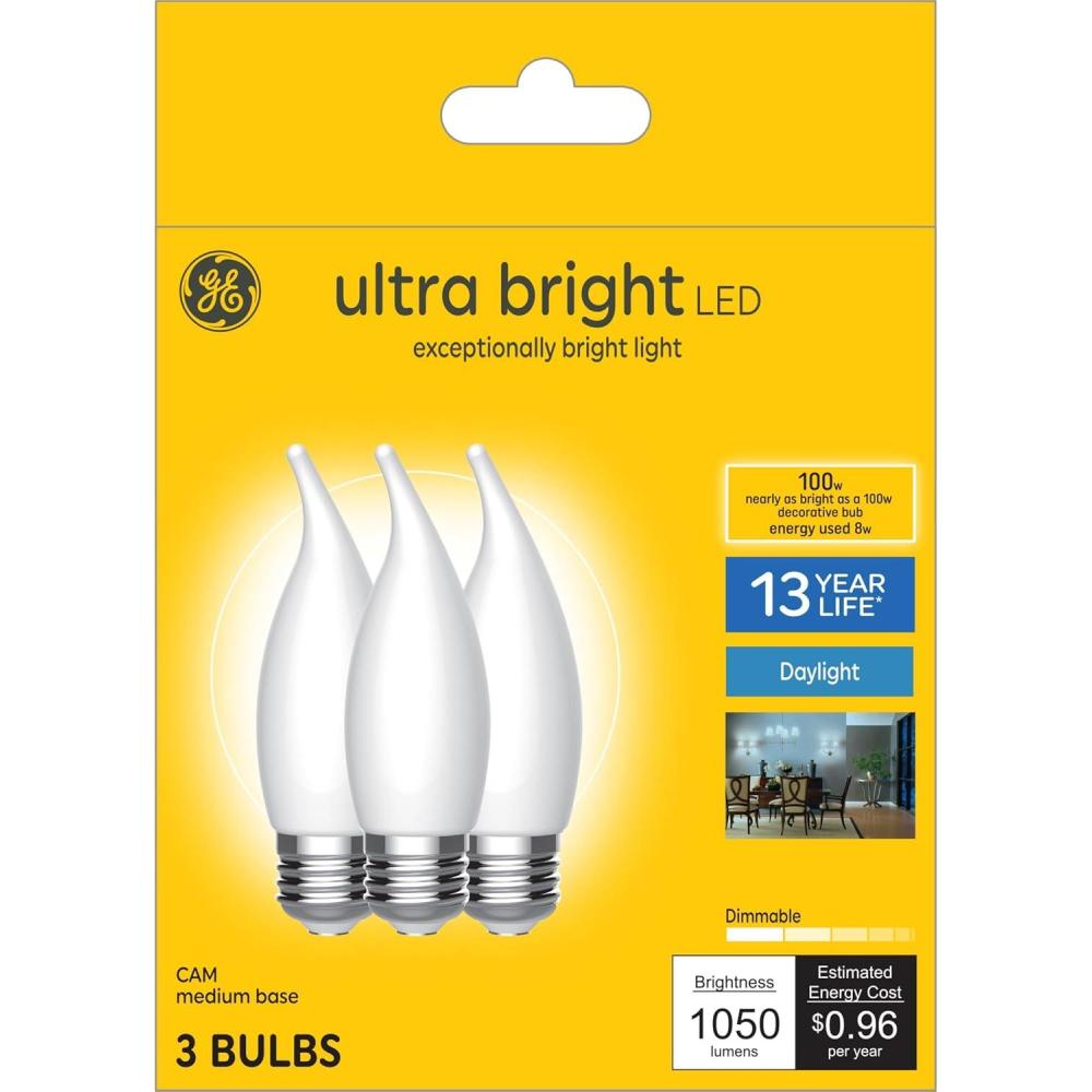 imageGE Ultra Bright LED Light Bulbs 100W Daylight Candle Lights Frosted Decorative CA12 Light Bulbs Medium Base 3 Pack