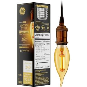 GE Vintage Style LED Candle Light Bulb, 40W, Amber Glass, Decorative Light Bulb, Medium Base (1 Pack)(Candlelight)