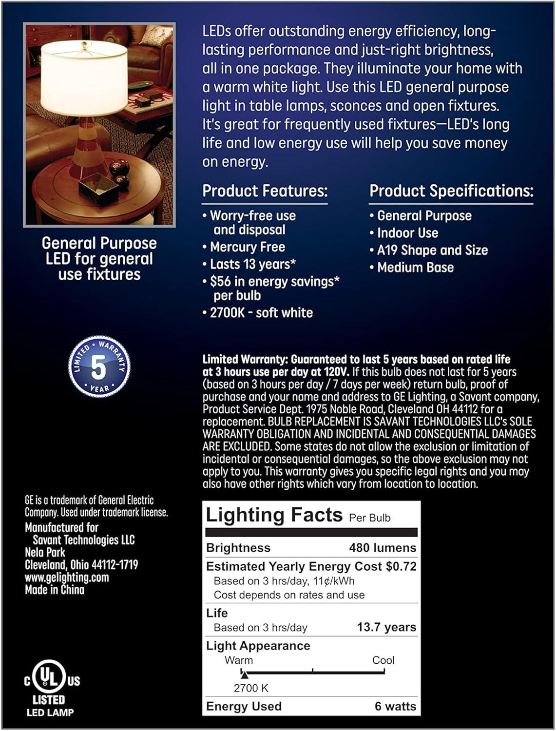 imageGE LED Light Bulbs 40 Watt Soft White A19 6 Pack4 Pack