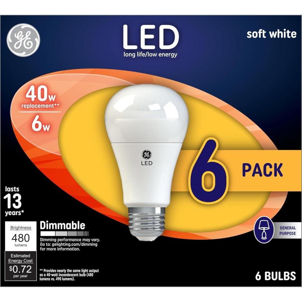 imageGE LED Light Bulbs 40 Watt Soft White A19 6 Pack6 Pack