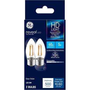 GE GE Reveal LED Light Bulbs, Candle Lights, 60 Watts, Clear Decorative B11 Bulbs, Medium Base (2 Pack)(2 Bulbs)