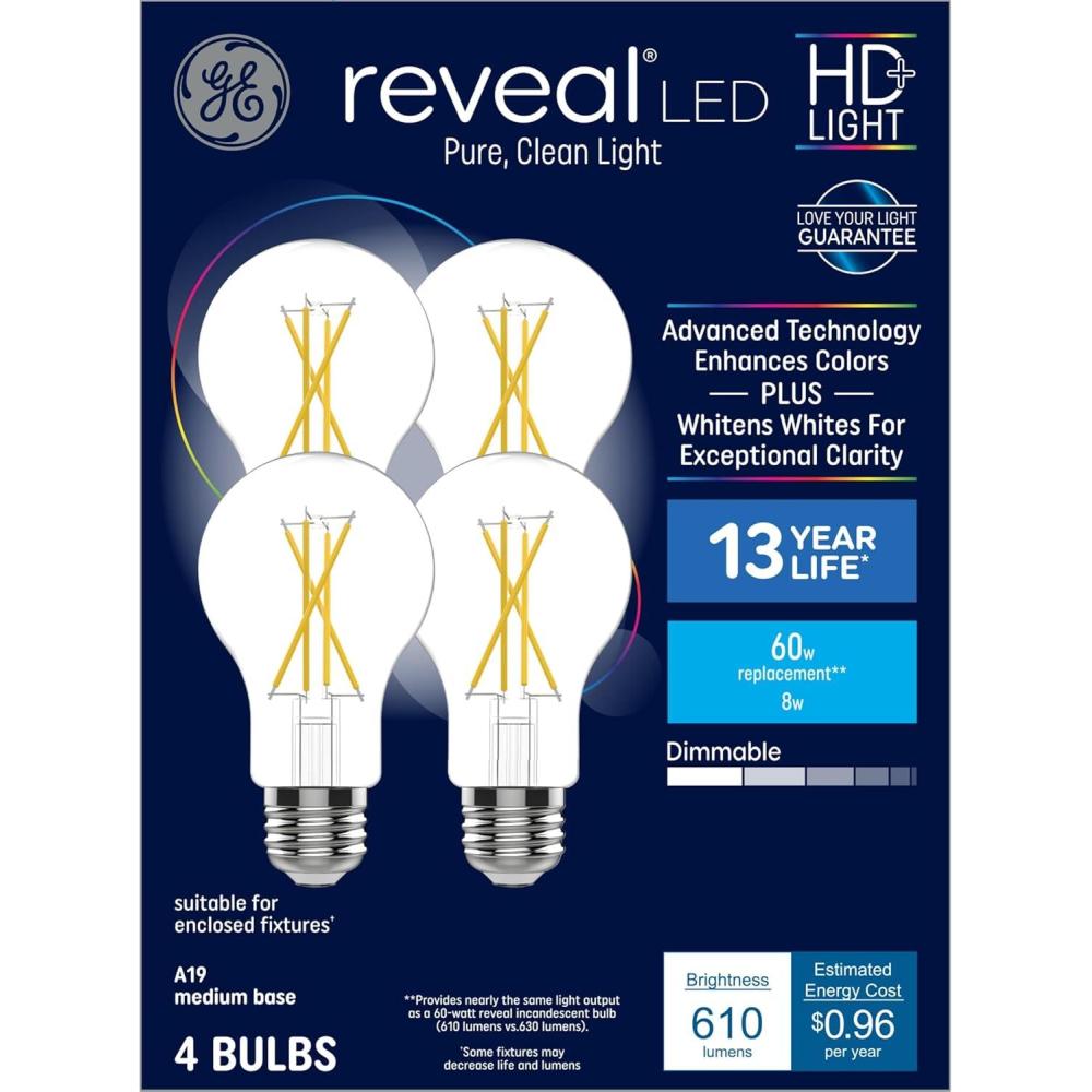 imageGE Reveal HD LED Light Bulbs 60 Watt A19 Bulbs 4 Pack60 Watt Eqv