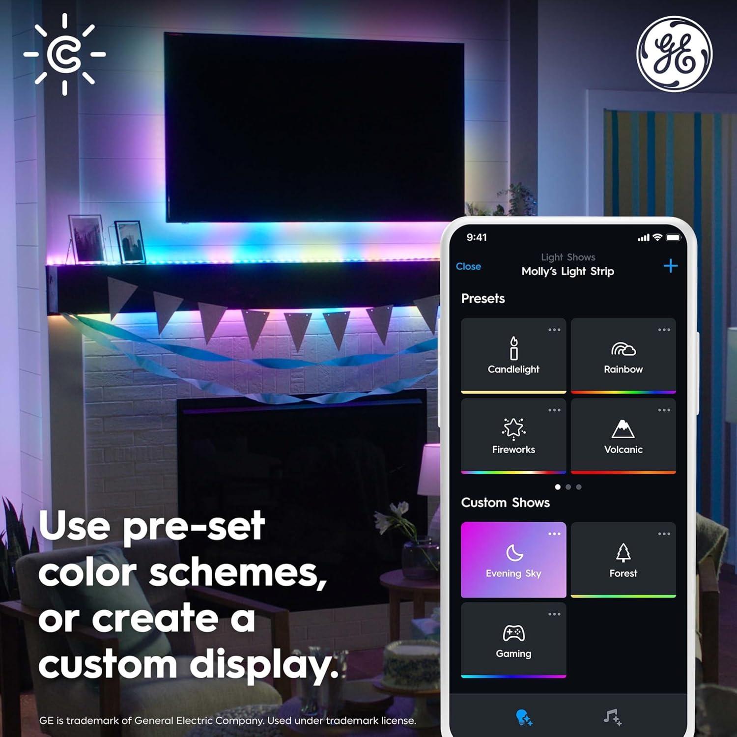 imageCync GE Dynamic Effects Smart LED Light Strip Extension Room Dcor Aesthetic Color Changing Lights LED Lights for Bedroom and TV Works with Amazon Alexa and Google 8 Ft Extension ONLY8 Foot Ext