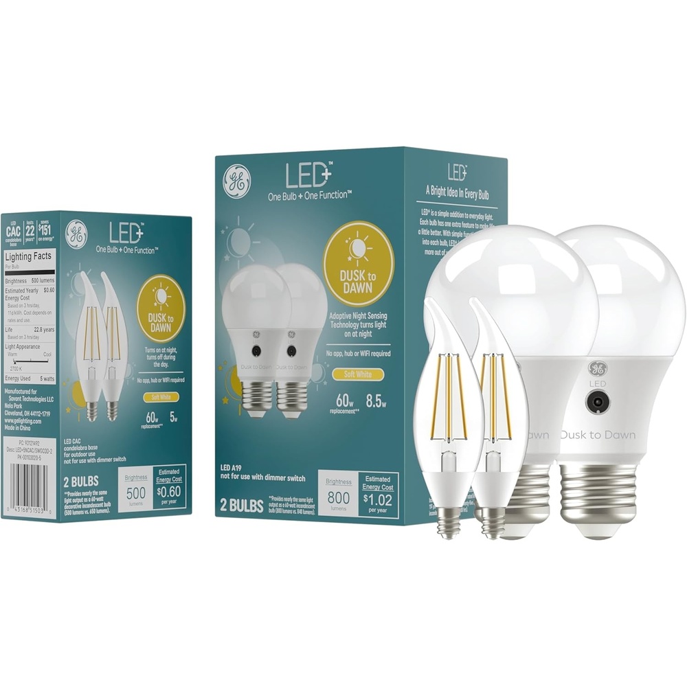 image:imageGE LED Dusk to Dawn Outdoor Light Bulb Set A19  CA11  Automatic OnOff E26 amp E12 Base Energy Efficient Security Lighting No App Required