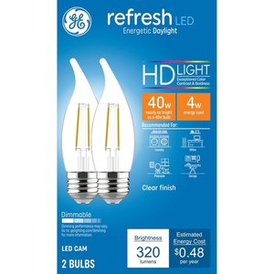 GE Refresh LED Light Bulbs, Candle Lights, 40 Watts, Daylight Clear Decorative CA11 Light Bulbs (2 Pack)(2 Bulbs)